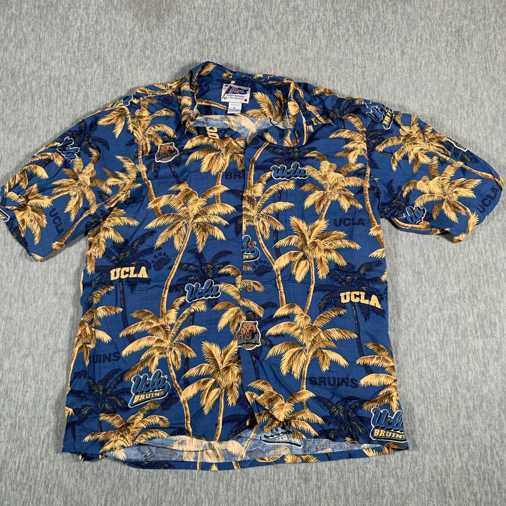 UCLA Bruins Shirt Mens Large Blue Yellow NCAA Football Hawaiian Button Rayon
